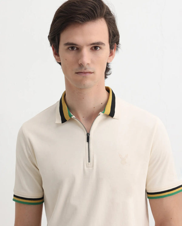 Rare Rabbit Men's Drax Off White Cotton Fabric Short Sleeves Collared Neck Plain Knit Polo