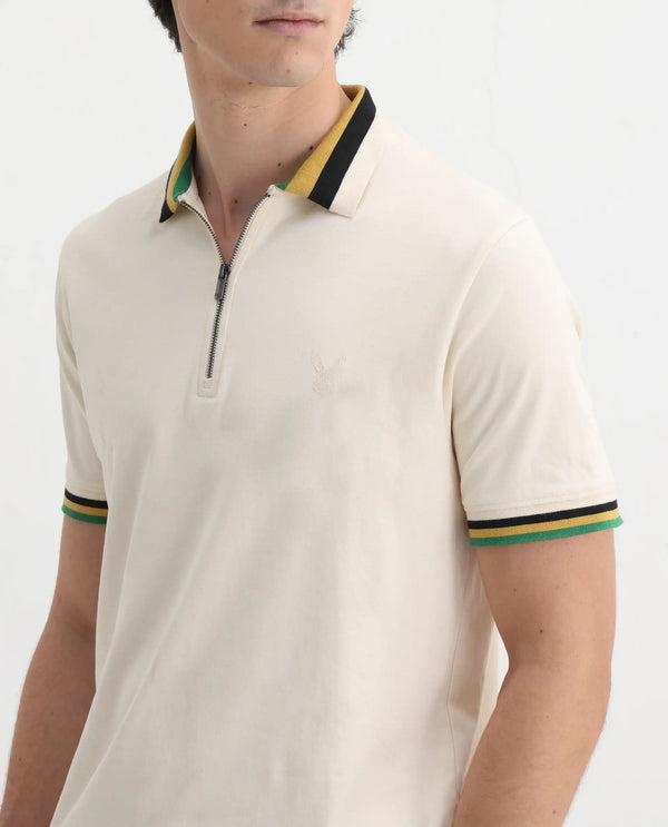 Rare Rabbit Men's Drax Off White Cotton Fabric Short Sleeves Collared Neck Plain Knit Polo