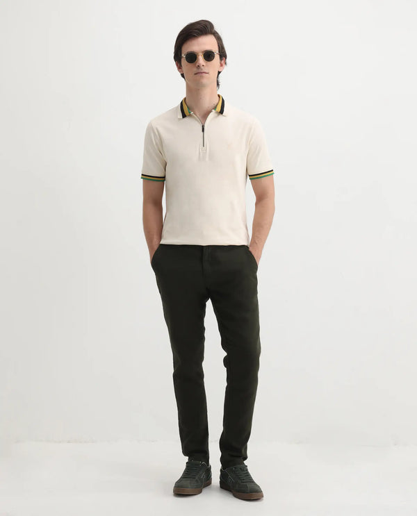 Rare Rabbit Men's Drax Off White Cotton Fabric Short Sleeves Collared Neck Plain Knit Polo