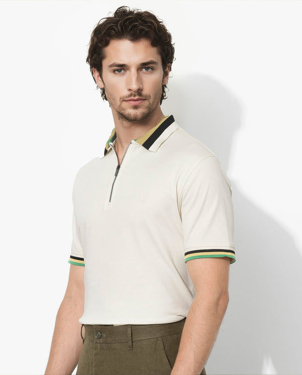 Rare Rabbit Men's Drax Off White Cotton Fabric Short Sleeves Collared Neck Plain Knit Polo