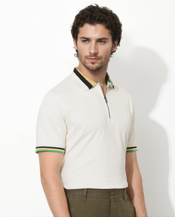 Rare Rabbit Men's Drax Off White Cotton Fabric Short Sleeves Collared Neck Plain Knit Polo