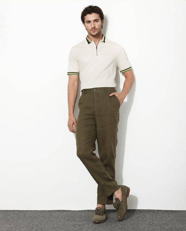 Rare Rabbit Men's Drax Off White Cotton Fabric Short Sleeves Collared Neck Plain Knit Polo