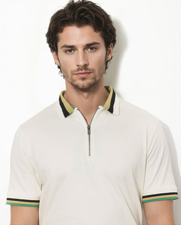 Rare Rabbit Men's Drax Off White Cotton Fabric Short Sleeves Collared Neck Plain Knit Polo
