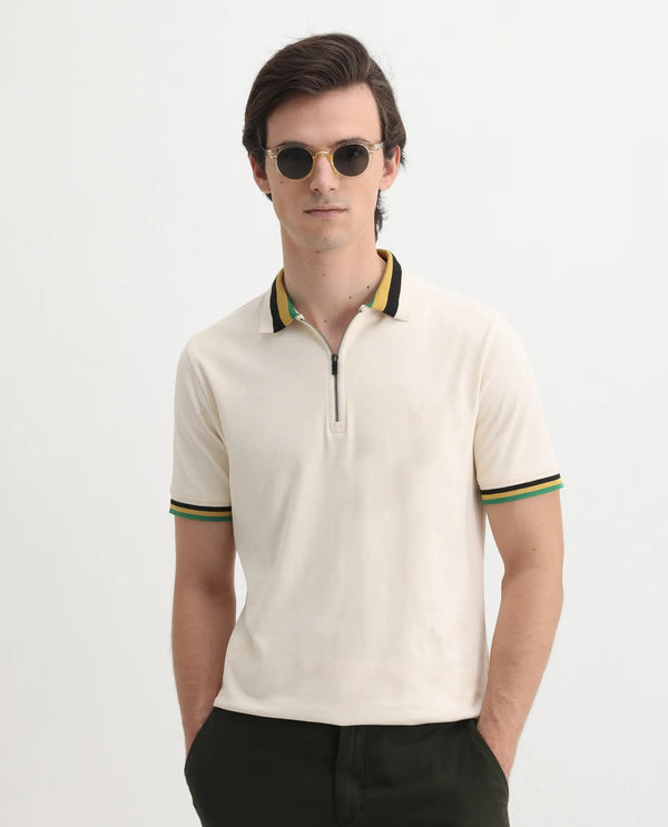 Rare Rabbit Men's Drax Off White Cotton Fabric Short Sleeves Collared Neck Plain Knit Polo