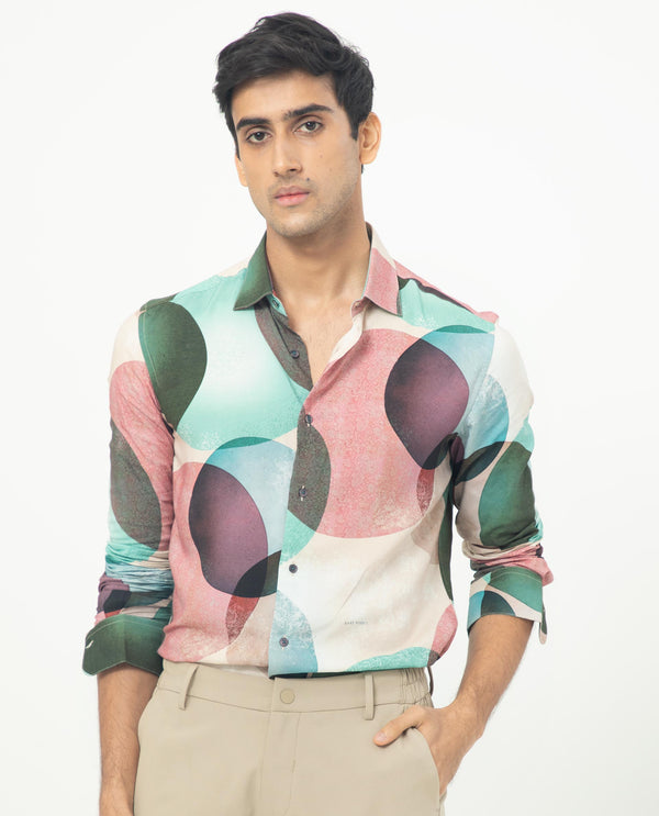 Rare Rabbit Men's Drent Multi Viscose Fabric Overlapped Polka Print Full Sleeves Shirt