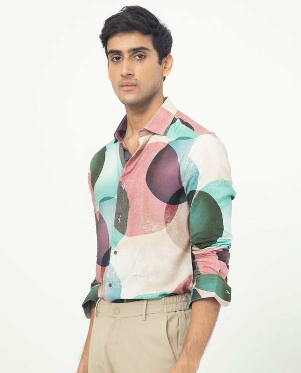 Rare Rabbit Men's Drent Multi Viscose Fabric Overlapped Polka Print Full Sleeves Shirt
