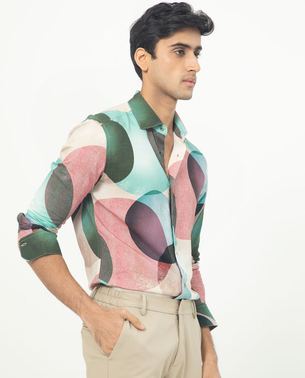 Rare Rabbit Men's Drent Multi Viscose Fabric Overlapped Polka Print Full Sleeves Shirt