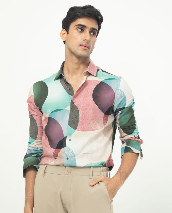 Rare Rabbit Men's Drent Multi Viscose Fabric Overlapped Polka Print Full Sleeves Shirt