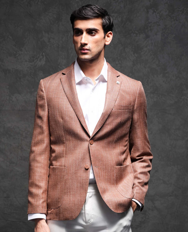 Rare Rabbit Men's Drew Brown Polyester Viscose Fabric Notch Lapel Single Breasted Tailored Fit Textured Blazer
