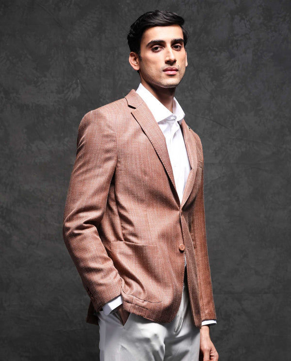 Rare Rabbit Men's Drew Brown Polyester Viscose Fabric Notch Lapel Single Breasted Tailored Fit Textured Blazer