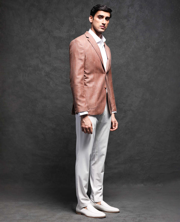 Rare Rabbit Men's Drew Brown Polyester Viscose Fabric Notch Lapel Single Breasted Tailored Fit Textured Blazer