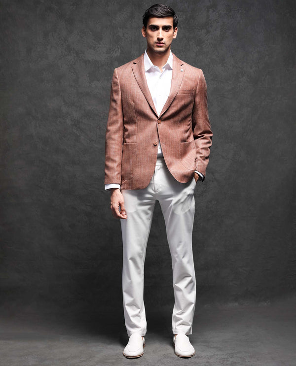 Rare Rabbit Men's Drew Brown Polyester Viscose Fabric Notch Lapel Single Breasted Tailored Fit Textured Blazer
