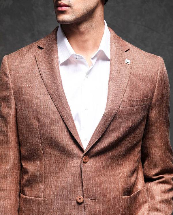 Rare Rabbit Men's Drew Brown Polyester Viscose Fabric Notch Lapel Single Breasted Tailored Fit Textured Blazer