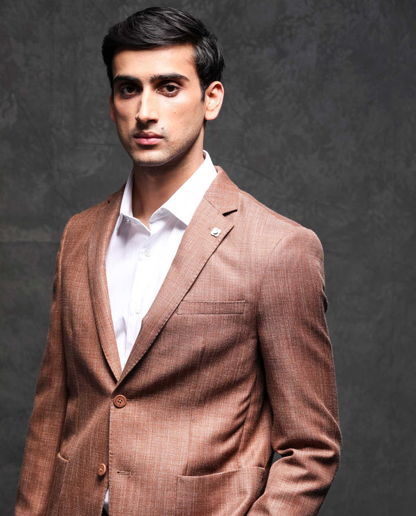 Rare Rabbit Men's Drew Brown Polyester Viscose Fabric Notch Lapel Single Breasted Tailored Fit Textured Blazer