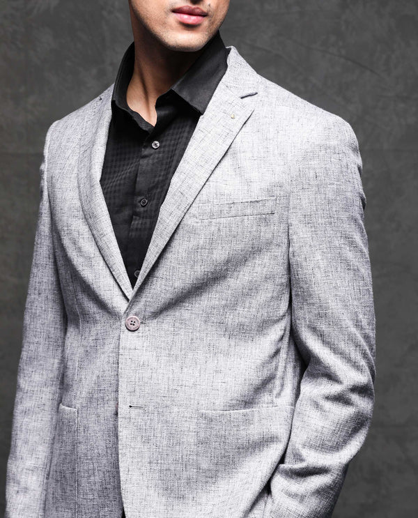 Rare Rabbit Men's Drew Grey Polyester Viscose Fabric Notch Lapel Single Breasted Tailored Fit Textured Blazer