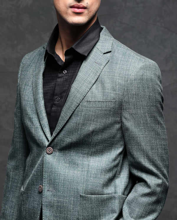Rare Rabbit Men's Drew Olive Polyester Viscose Fabric Notch Lapel Single Breasted Tailored Fit Textured Blazer