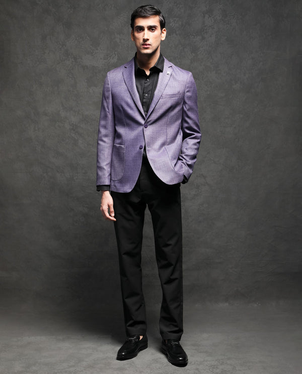 Rare Rabbit Men's Drew Purple Polyester Viscose Fabric Notch Lapel Single Breasted Tailored Fit Textured Blazer
