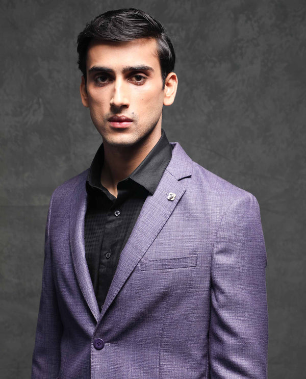Rare Rabbit Men's Drew Purple Polyester Viscose Fabric Notch Lapel Single Breasted Tailored Fit Textured Blazer