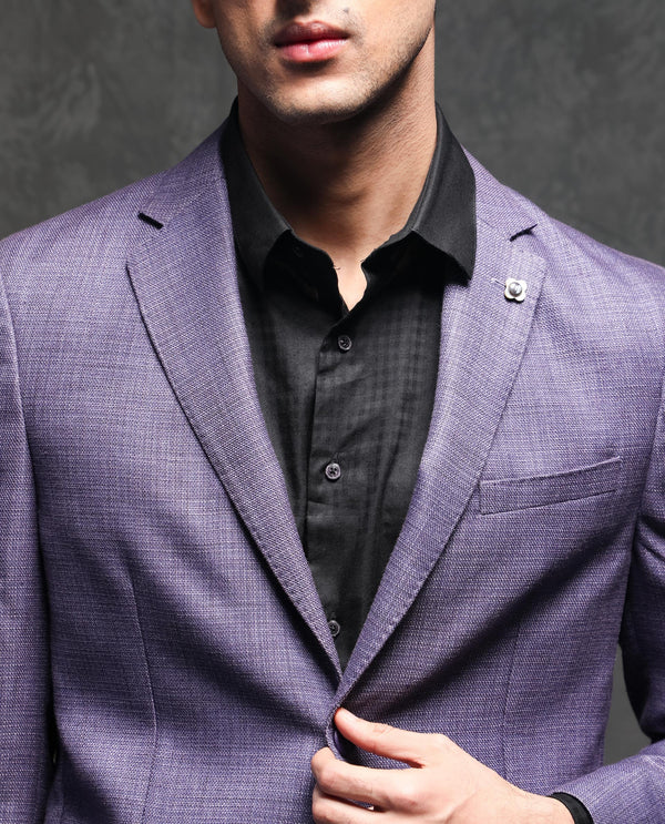 Rare Rabbit Men's Drew Purple Polyester Viscose Fabric Notch Lapel Single Breasted Tailored Fit Textured Blazer