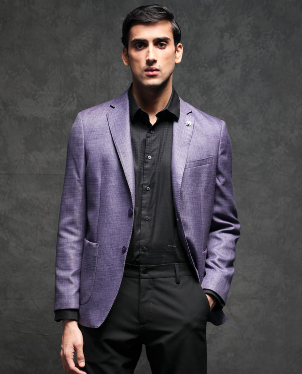 Rare Rabbit Men's Drew Purple Polyester Viscose Fabric Notch Lapel Single Breasted Tailored Fit Textured Blazer