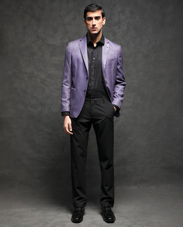 Rare Rabbit Men's Drew Purple Polyester Viscose Fabric Notch Lapel Single Breasted Tailored Fit Textured Blazer