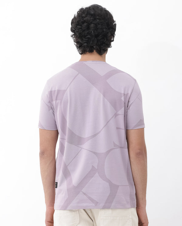 Rare Rabbit Articale Mens Drew Light Purple Cotton Lycra Fabric Short Sleeve Crew Neck Slim Fit Printed T-Shirt