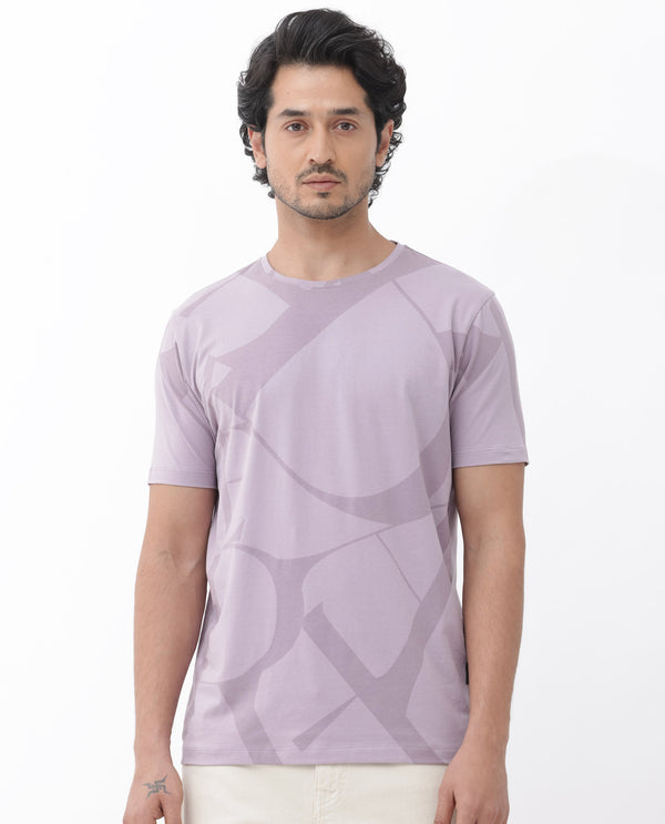 Rare Rabbit Articale Mens Drew Light Purple Cotton Lycra Fabric Short Sleeve Crew Neck Slim Fit Printed T-Shirt