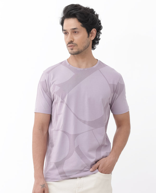 Rare Rabbit Articale Mens Drew Light Purple Cotton Lycra Fabric Short Sleeve Crew Neck Slim Fit Printed T-Shirt