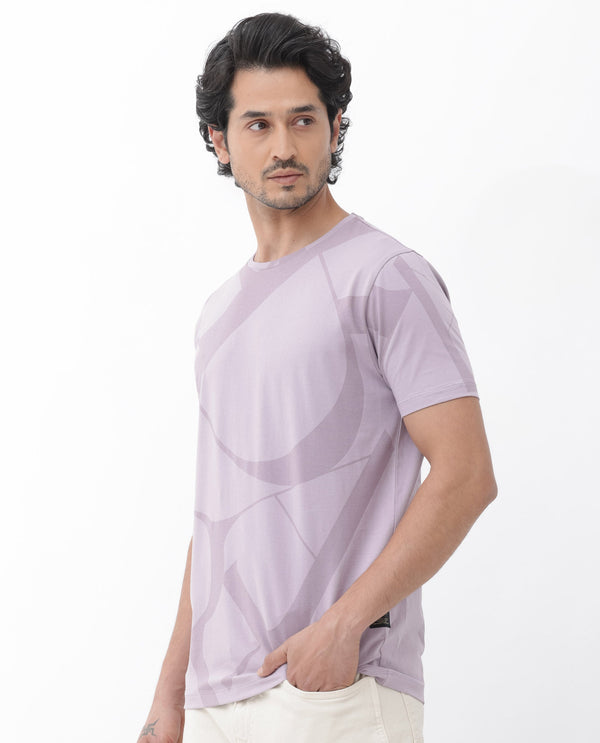 Rare Rabbit Articale Mens Drew Light Purple Cotton Lycra Fabric Short Sleeve Crew Neck Slim Fit Printed T-Shirt