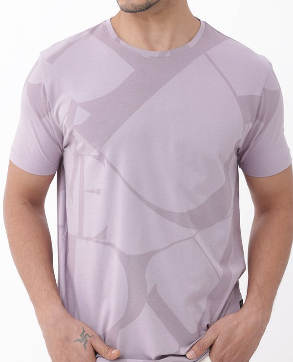 Rare Rabbit Articale Mens Drew Light Purple Cotton Lycra Fabric Short Sleeve Crew Neck Slim Fit Printed T-Shirt