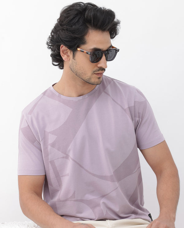 Rare Rabbit Articale Mens Drew Light Purple Cotton Lycra Fabric Short Sleeve Crew Neck Slim Fit Printed T-Shirt