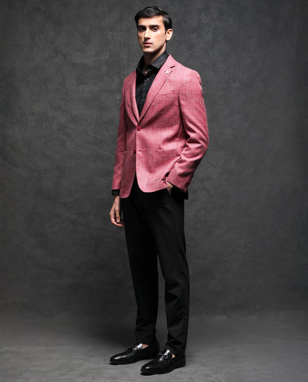Rare Rabbit Men's Drew Red Polyester Viscose Fabric Notch Lapel Single Breasted Tailored Fit Textured Blazer