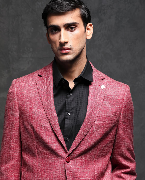 Rare Rabbit Men's Drew Red Polyester Viscose Fabric Notch Lapel Single Breasted Tailored Fit Textured Blazer