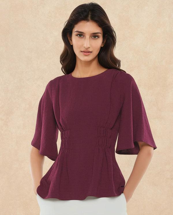 Rareism Women Drib Dark Red Bell Sleeves Round Neck Zipper Closure Plain Top