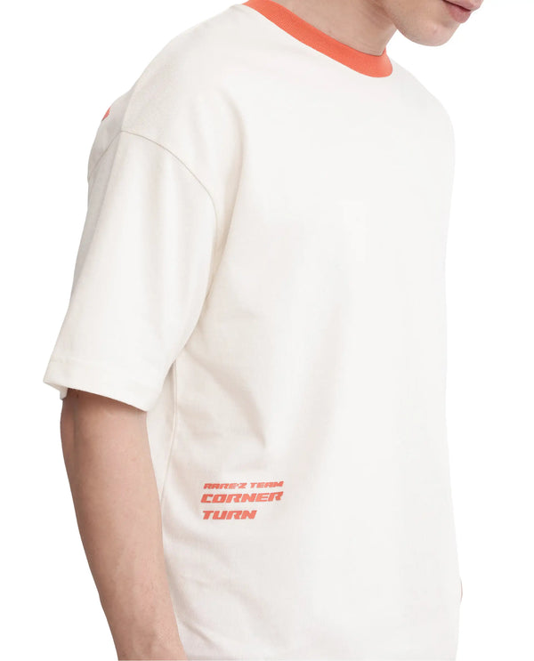 Rare Rabbit Men Drift Off White Cotton Fabric Short Sleeve Crew Neck Oversized Fit Hd Backprint T-Shirt