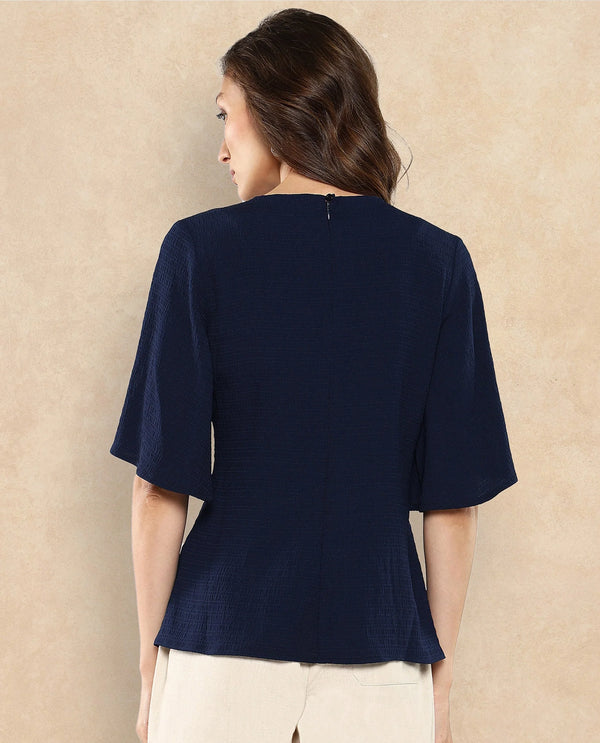 Rareism Women Dring Navy Bell Sleeves Round Neck Zipper Closure Plain Top