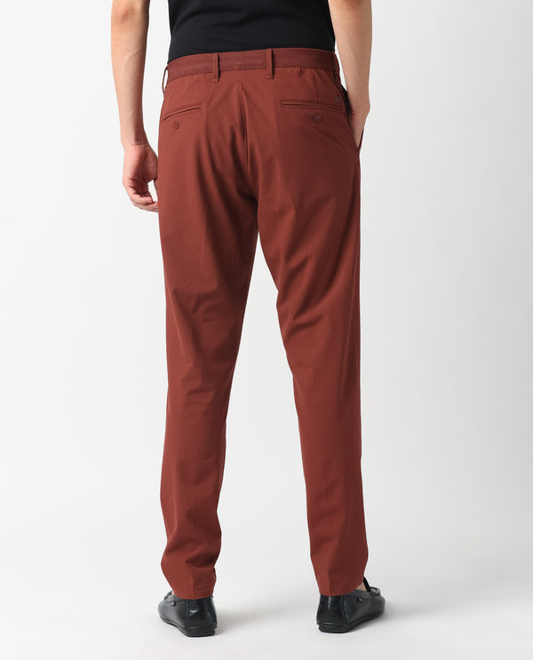 Rare Rabbit Men's Drivers Dark Rust Mid-Rise Bi-Stretch With Elastic Waistband Regular Fit Trouser
