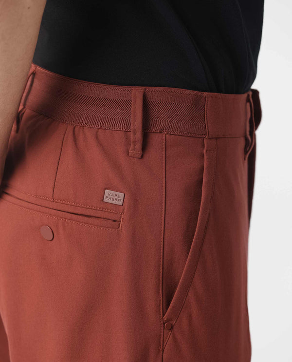 Rare Rabbit Men's Drivers Dark Rust Mid-Rise Bi-Stretch With Elastic Waistband Regular Fit Trouser