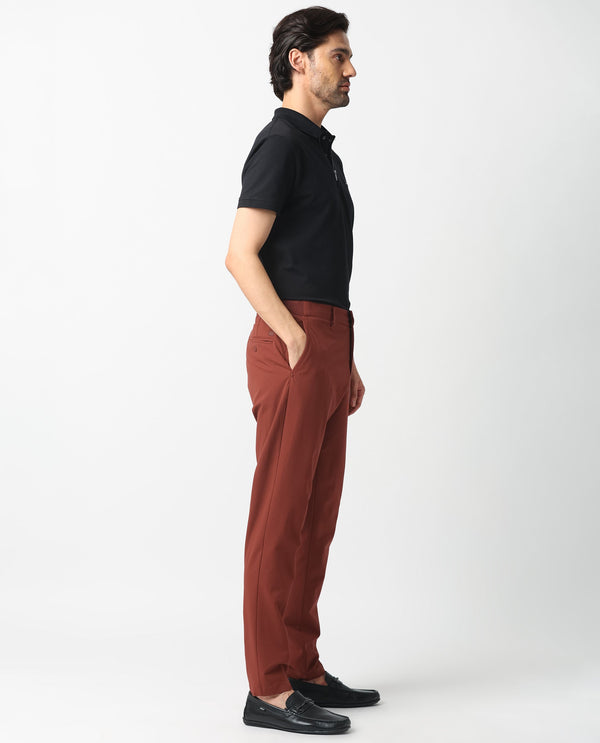 Rare Rabbit Men's Drivers Dark Rust Mid-Rise Bi-Stretch With Elastic Waistband Regular Fit Trouser