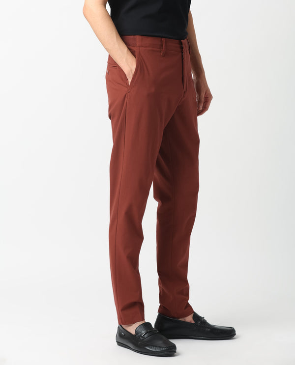 Rare Rabbit Men's Drivers Dark Rust Mid-Rise Bi-Stretch With Elastic Waistband Regular Fit Trouser