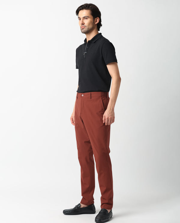Rare Rabbit Men's Drivers Dark Rust Mid-Rise Bi-Stretch With Elastic Waistband Regular Fit Trouser