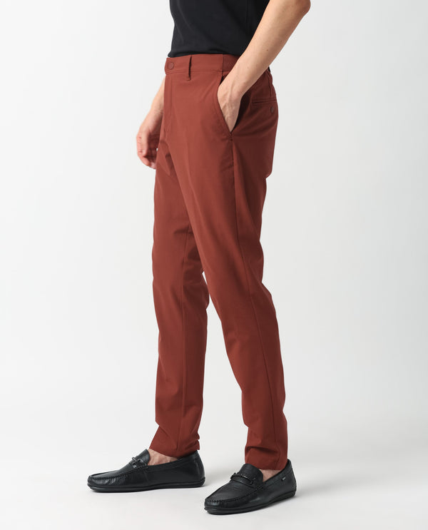 Rare Rabbit Men's Drivers Dark Rust Mid-Rise Bi-Stretch With Elastic Waistband Regular Fit Trouser
