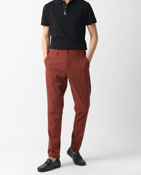 Rare Rabbit Men's Drivers Dark Rust Mid-Rise Bi-Stretch With Elastic Waistband Regular Fit Trouser