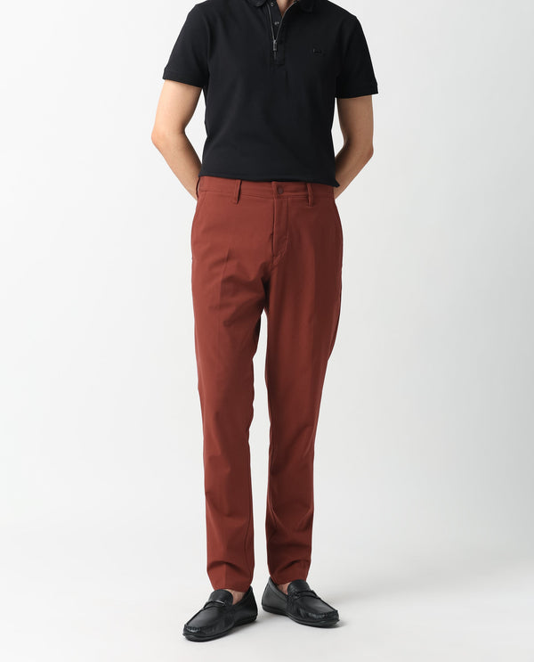 Rare Rabbit Men's Drivers Dark Rust Mid-Rise Bi-Stretch With Elastic Waistband Regular Fit Trouser