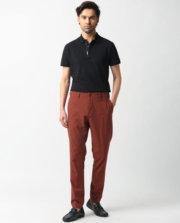 Rare Rabbit Men's Drivers Dark Rust Mid-Rise Bi-Stretch With Elastic Waistband Regular Fit Trouser