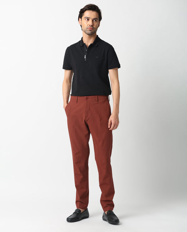 Rare Rabbit Men's Drivers Dark Rust Mid-Rise Bi-Stretch With Elastic Waistband Regular Fit Trouser
