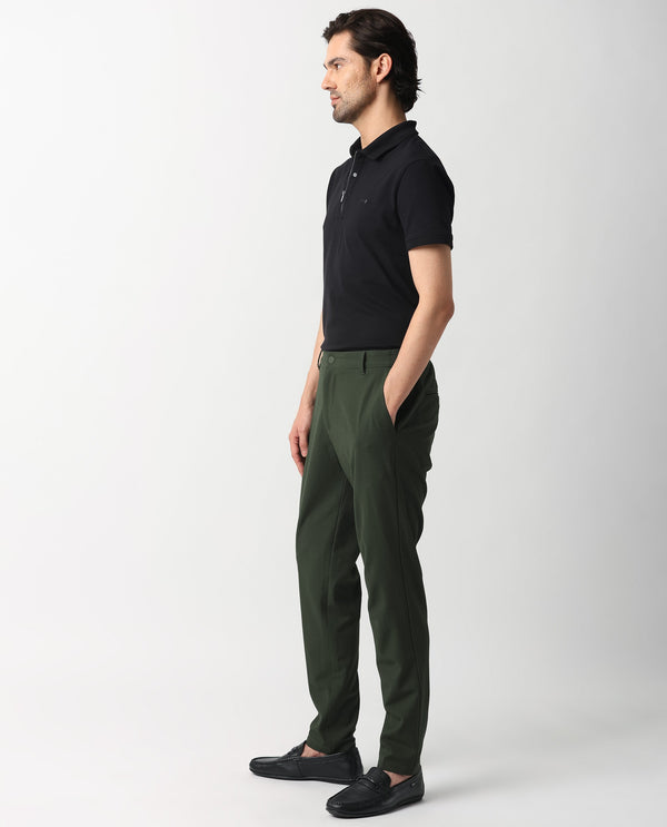Rare Rabbit Men's Drivers Olive Mid-Rise Bi-Stretch With Elastic Waistband Regular Fit Trouser