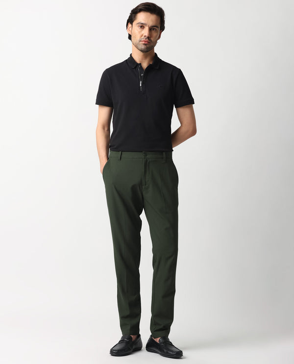 Rare Rabbit Men's Drivers Olive Mid-Rise Bi-Stretch With Elastic Waistband Regular Fit Trouser