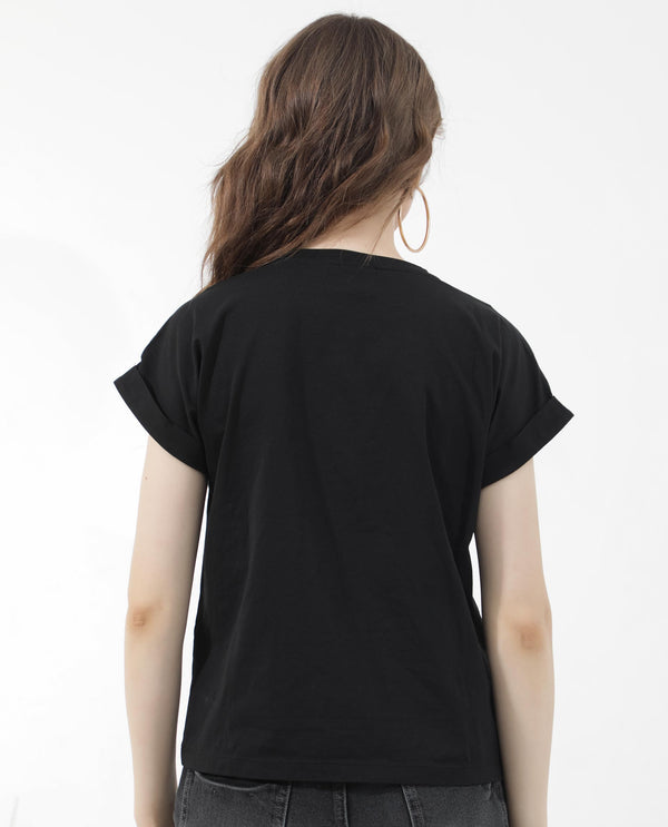 Rareism Women Rento Black Cotton Elastane Fabric Crew Neck Knit Solid T-Shirt