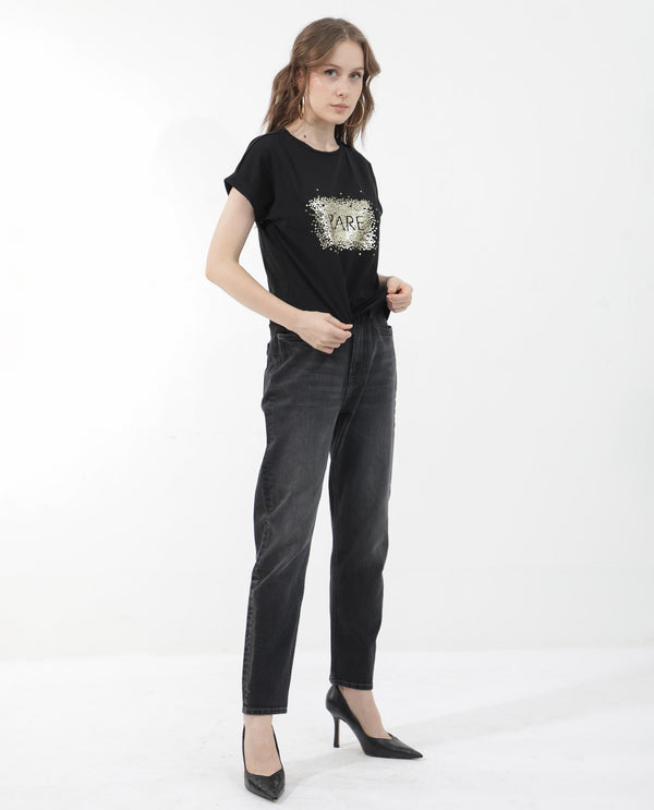 Rareism Women Rento Black Cotton Elastane Fabric Crew Neck Knit Solid T-Shirt